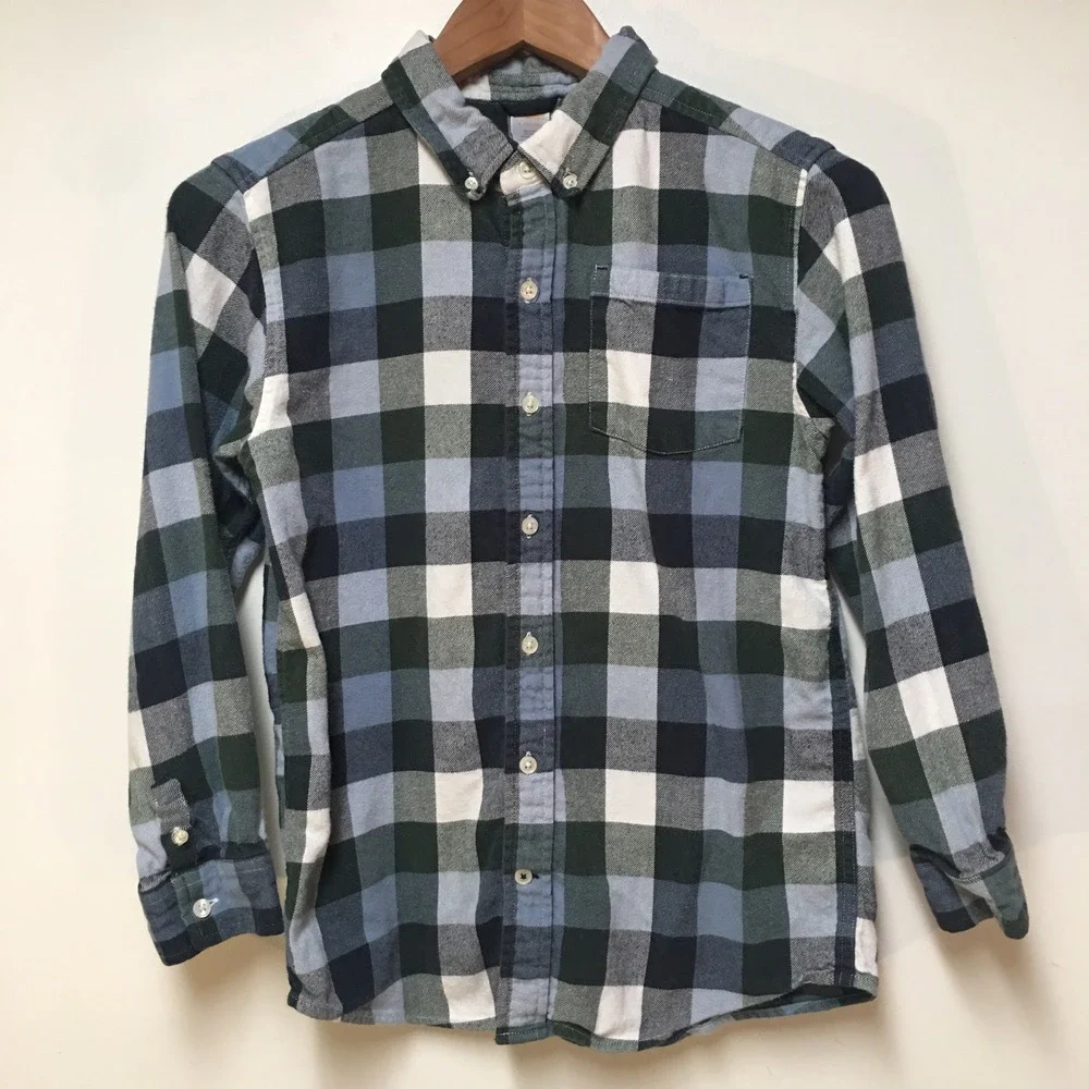 Gymboree Flannel Button Down Shirt Boy Size L 10-12 Blue Green Plaid Long Sleeve